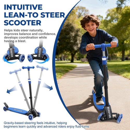 Scooter, Heavy-Duty Metal Frame 3-Wheel Scooter, 3-Speed Height Adjustable, LED Light-Up Wheels, Foldable - Ultimate Gift for 6-12 Year Old Boys and Girls, 180 lbs Weight Limit for Birthday Christmas