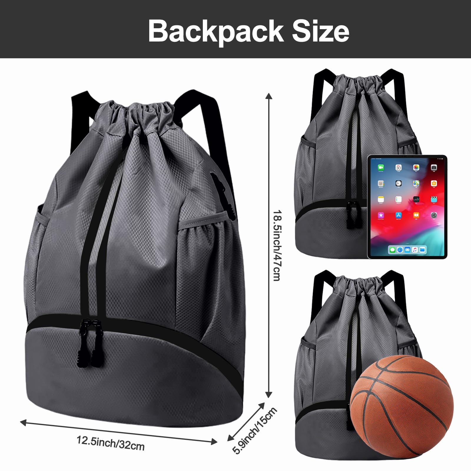 Hoedia Sports Drawstring Backpack - String Swim Gym Bag with Shoes Compartment and Wet Proof Pocket for Women/Men (Dark Grey)