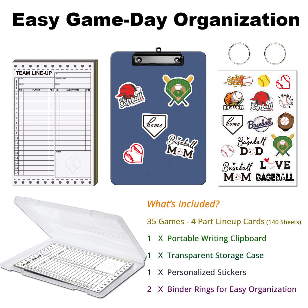 Personalized Baseball & Softball Lineup Cards for 35 Games Softball with 17 Player Roster 4-Part Form Copy with Writing Clipboard Storage Box Personalized Stickers and Loose Leaf Binder Ring