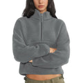 Keeliya Womens Fleece Sweatshirts Cropped Half Zip Fuzzy Warm Sherpa Pullover Varsity Jackets with Zipper Pockets(Dark-Grey,M)