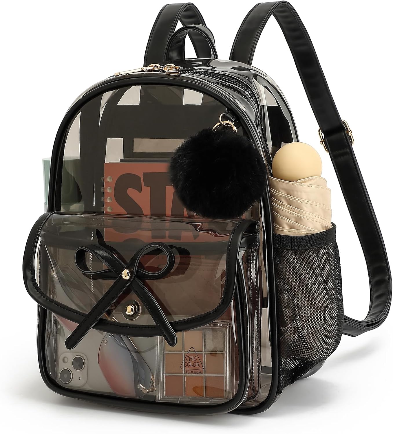 Skiennix Clear Stadium Backpack - Durable PVC Small Bag with Leather Trim | 12x12x6 Inches