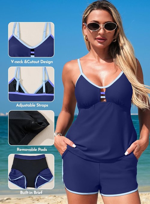 Aleumdr Color Block Tankini Swimsuit - Tummy Control Two-Piece with Pockets | Women's Bathing Suit