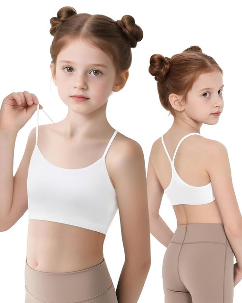 iMuchic Girls Sports Bra Spaghetti Strap Y Back Racerback Training Bra for Girls with Removable Padding White