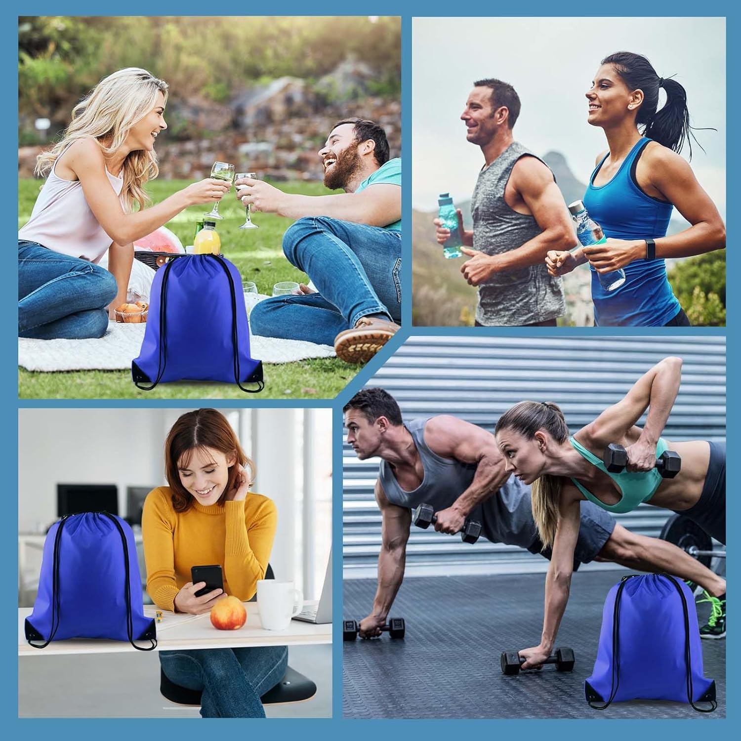 PLULON 15 Pcs Blue Drawstring Bags Drawstring Backpack Bulk, String Backpack Cinch Sack Sport Gym Backpack Bags for Yoga Traveling Outdoor Sports