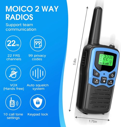 MOICO Long Range Walkie Talkies - Two-Way Radios with 22 Channels & LED Flashlight | 2 Pack (Blue)