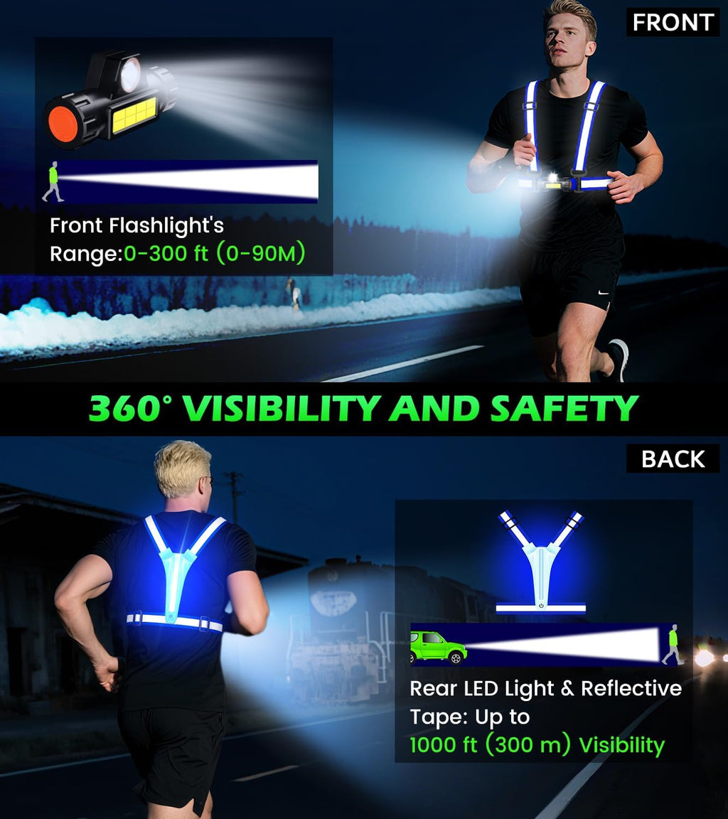 Skiennix LED Running Vest - 90° Adjustable Reflective Gear for Night Safety | Rechargeable Chest Light