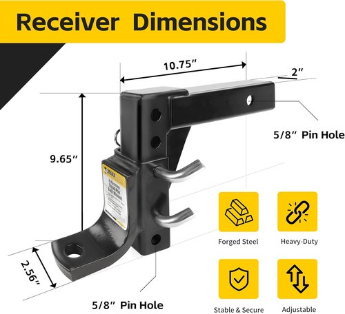 MaxxHaul Adjustable Ball Mount - 5,000 lb Towing Capacity | 8-Position Height Adjustment, Fits 2" Receivers