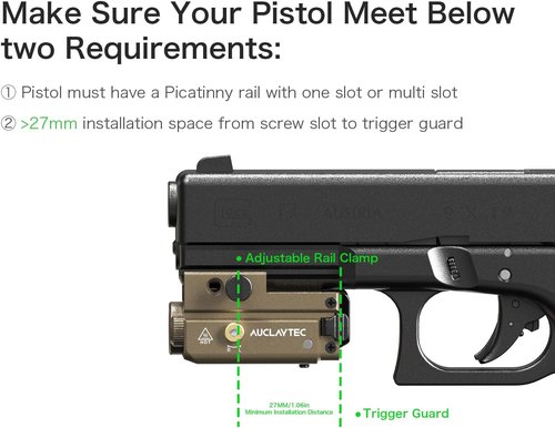 AUCLAYTEC Pistol Flashlight Red Laser Combo 420 Lumens Pistol Light Recharge Tatical Flashlight Fits for Picatinny MIL-STD-1913 Rail, Fits for Glock (with Built-in Battery)