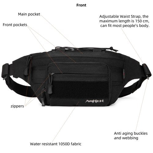 AMHEH 3.5L Tactical Fanny Pack for Men – Crossbody Waist Bag for Everyday Carry & Weekend Travel, Fits 28"-50" Waists (Black)