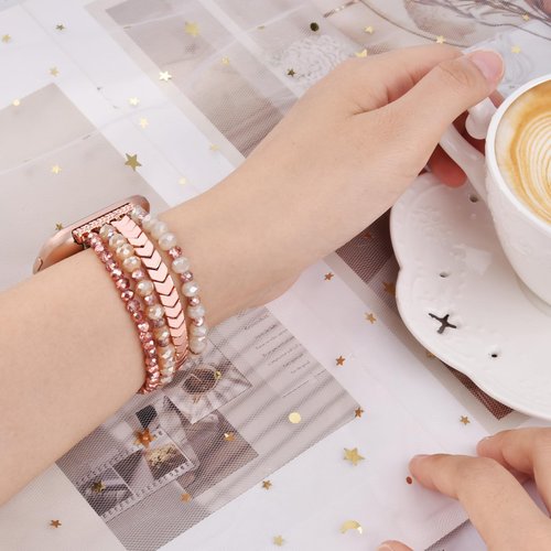 CAGOS Bracelet Compatible with Fitbit Versa 1/2/Versa Lite for Women, Handmade Beaded Elastic Replacement Wristband for Versa 2/1/Lite Watch/Special Edition Watch Rose Gold