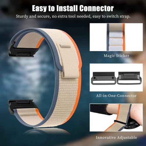 RoYiio Nylon Wristband for Garmin Quatix 8 51mm/Quatix 7X/6X/Tactix 8 51mm/Tactix 7 Pro Band Comfor Breathable Sport Replacement Bands for Fenix 8Pro 51 mm/Enduro 3/2 (QuickFit 26mm, Orange Beige)