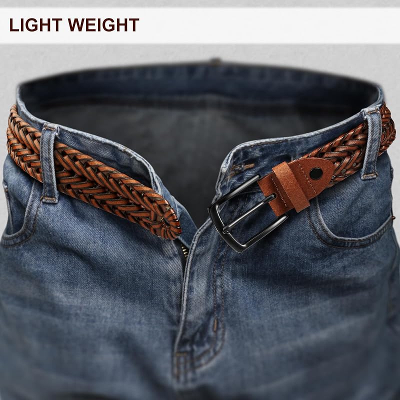 Gift Boxed Leather Belt for Men - 1 3/8" Woven, Holeless, Light Brown, Adjustable