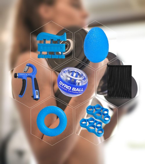 Qishangnana Hand Grip Strengthener Workout Kit (8 Pack) Forearm Grip Adjustable Resistance Hand Gripper, Finger Stretcher, Finger Exerciser, Grip Ring，Gyro Ball (blue)