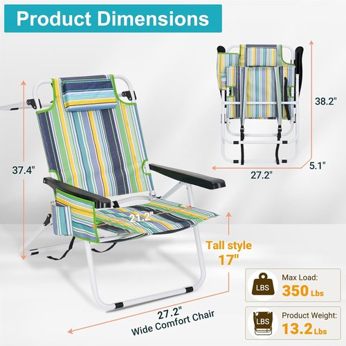 ABORON 17" Tall Folding Beach Chair - Heavy Duty 600D Oxford Fabric, 5-Position Recline & Cooler Bag