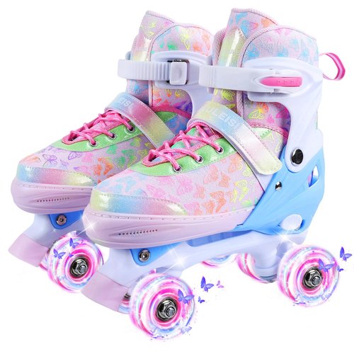 Kids Roller Skates, 4 Size Adjustable Quad Skates with All Light Up Wheels, 10C to 8 Rollerskates for Toddlers, Beginners, Boys, Girls, Outdoor, Indoor, Pink, Medium