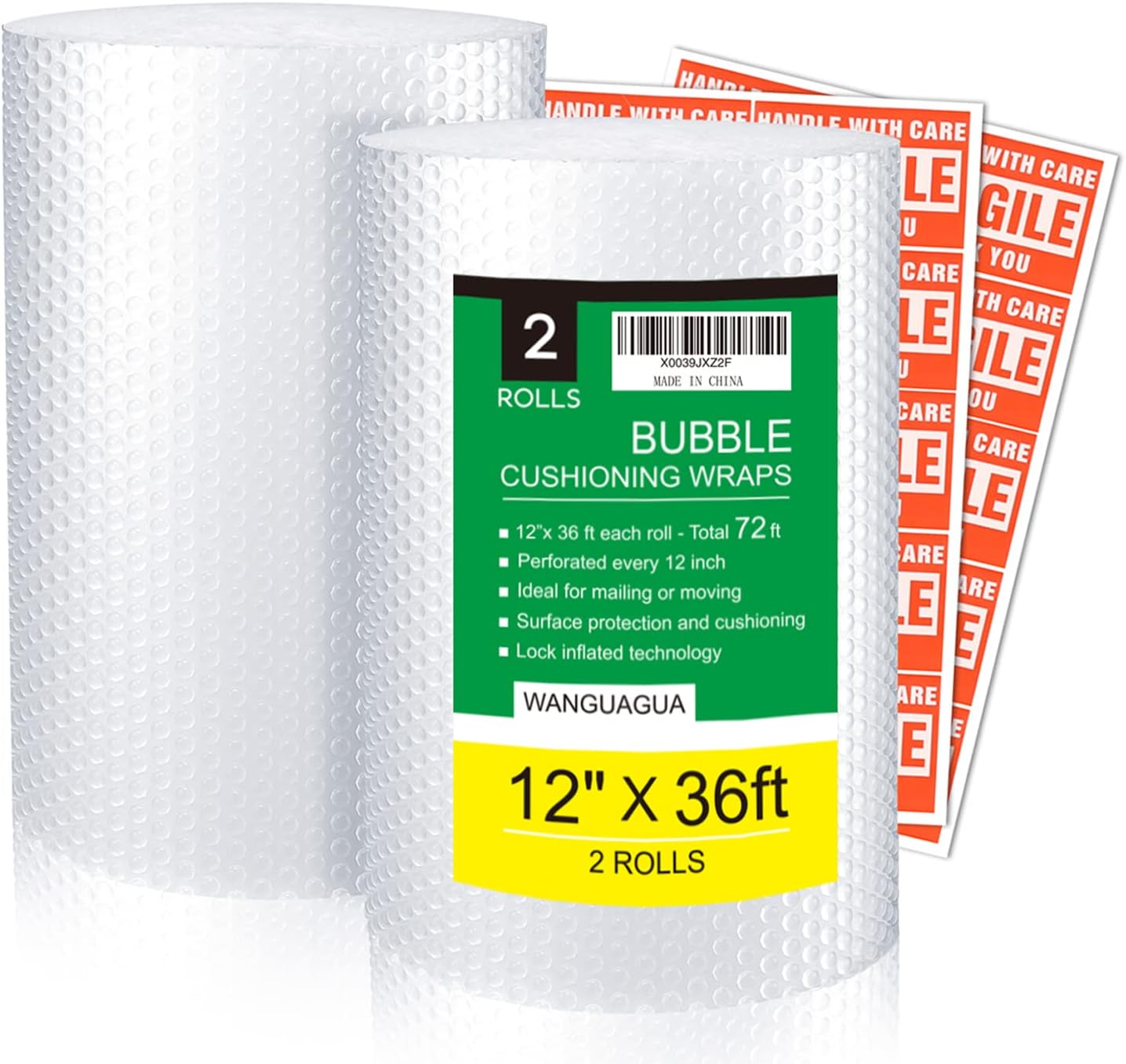 Wanguagua Bubble Packing Wrap - 12 Inch x 72 Ft | 2 Pack for Safe Moving & Shipping Supplies