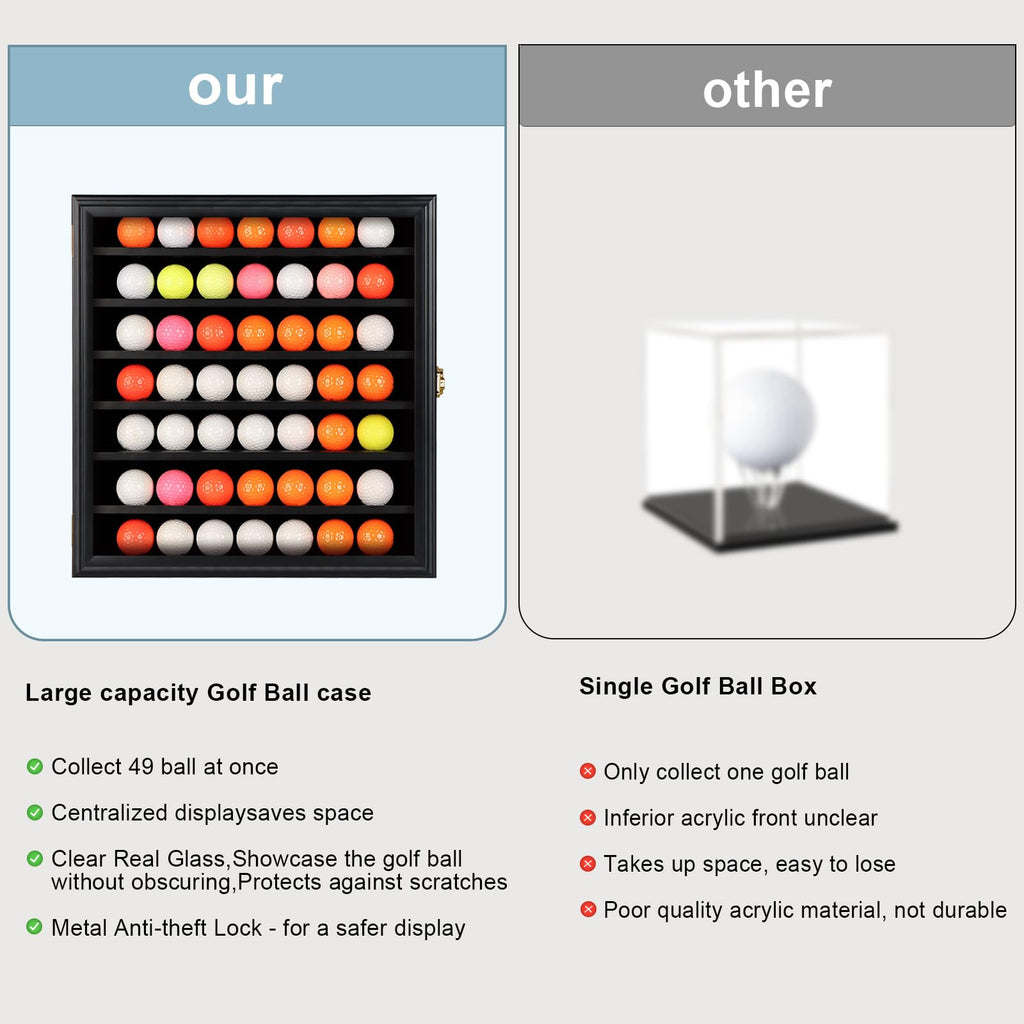KCRasan 49 Golf Ball Display Case Lockable - Golf Ball Holder Gift for Golf Enthusiasts - Golf Ball Display Rack Cabinet for Wall Mount Real Glass Door, Black