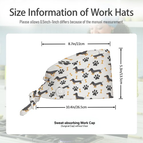 Cute Dachshund Unisex Scrub Cap with Sweatband – Adjustable Tie Back Surgical Hat for Men and Women, 2 Pcs Working Nurse Cap