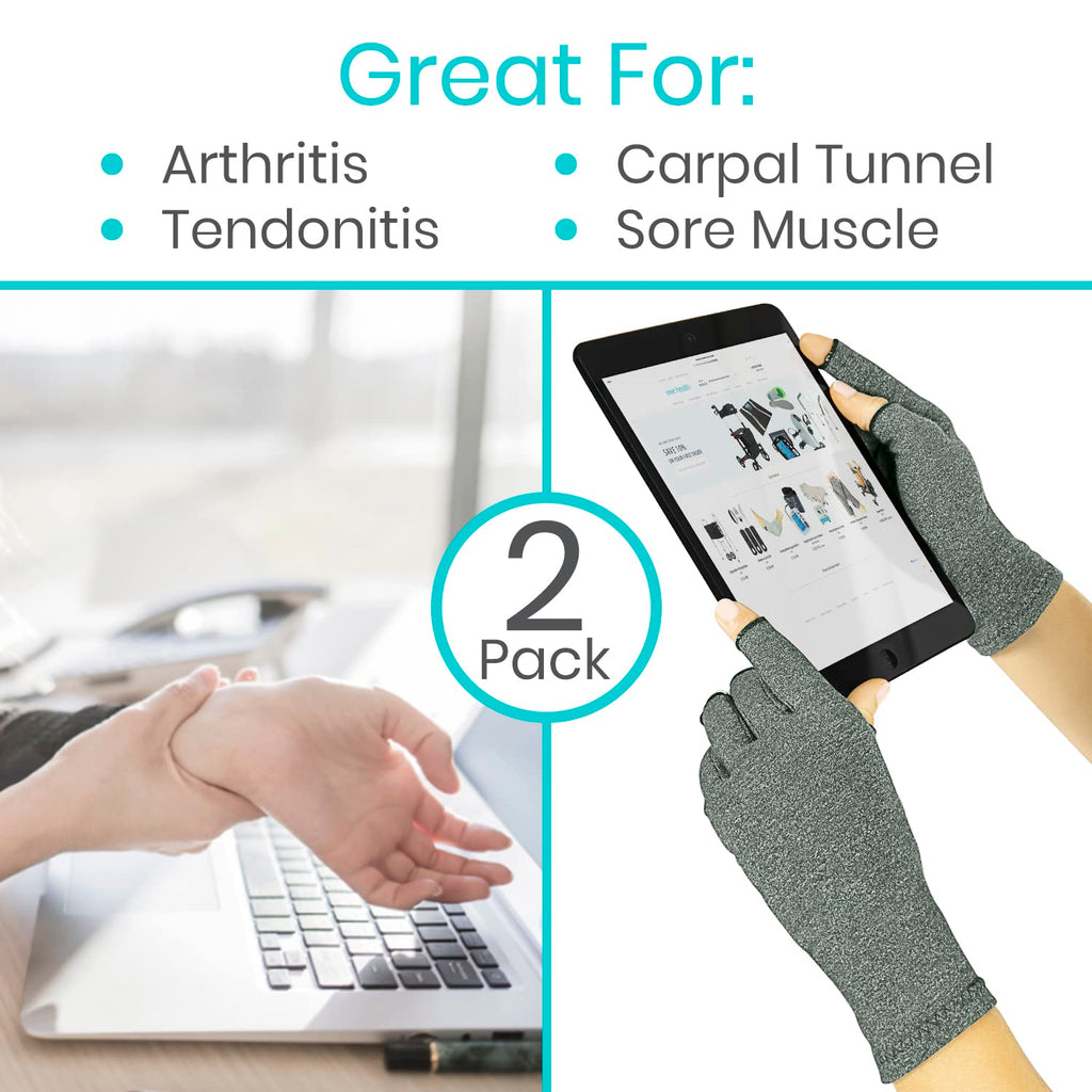 Vive Arthritis Gloves (2 Pairs) - Men Women Rheumatoid Compression Hand Glove for Osteoarthritis - Arthritic Joint Pain Relief - Carpal Tunnel Wrist Support - Open Finger Fingerless Thumb for Typing
