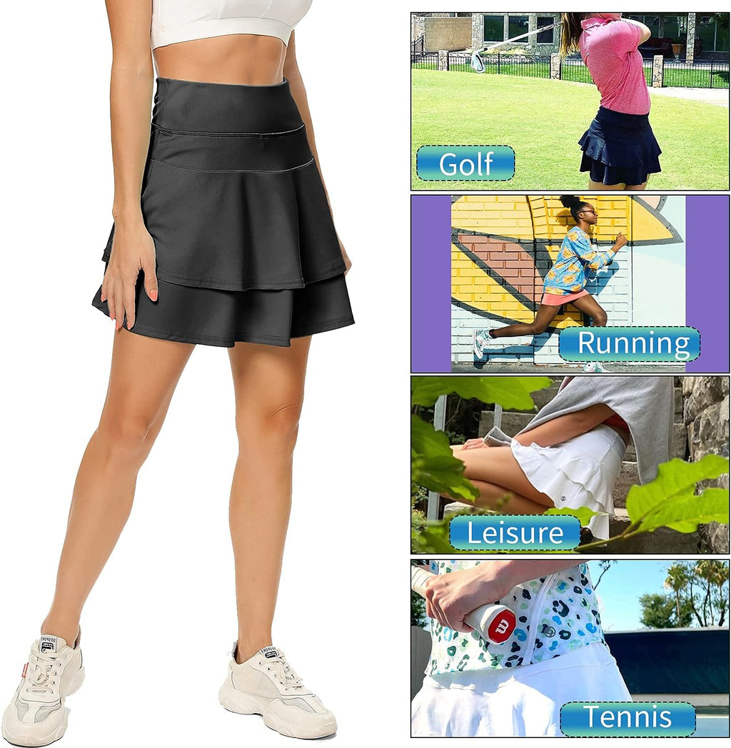WOWENY Women's Athletic Tennis Skirt - Layered Pleated Skort with Pocket for Running & Golf