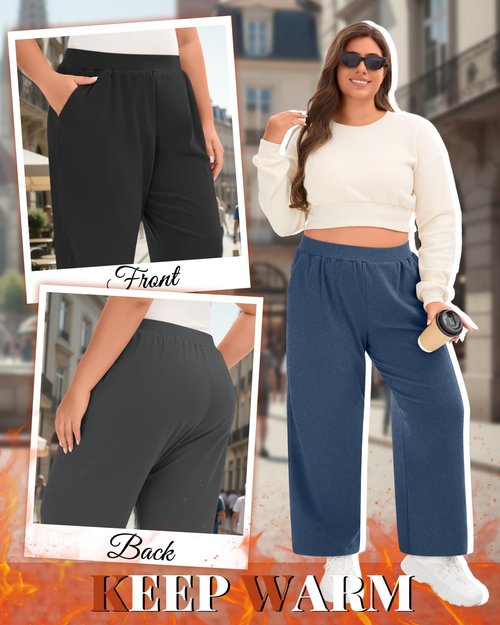 Velvelhall 3 Pack Women's Plus Size Fleece Sweatpants Wide Leg Thermal Lounge Pants Pockets Elastic Waist Warm Trouser Jogger(Black, Dark Gray, Dark Blue,3X-Large)
