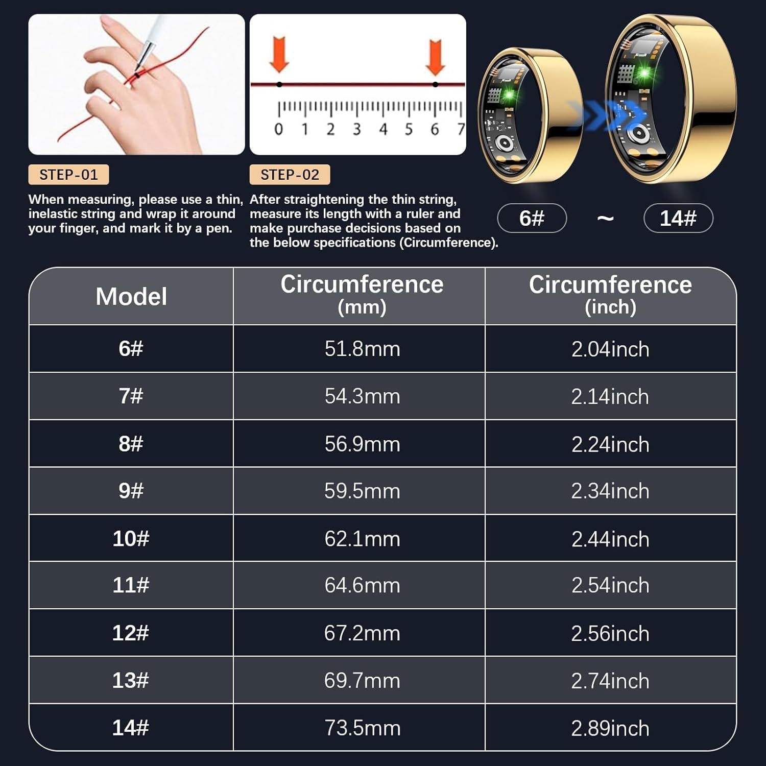 Skiennix Smart Ring - Fitness Tracker with Heart Rate, Blood Oxygen, Stress & Sleep Monitoring | Gold, Size 11