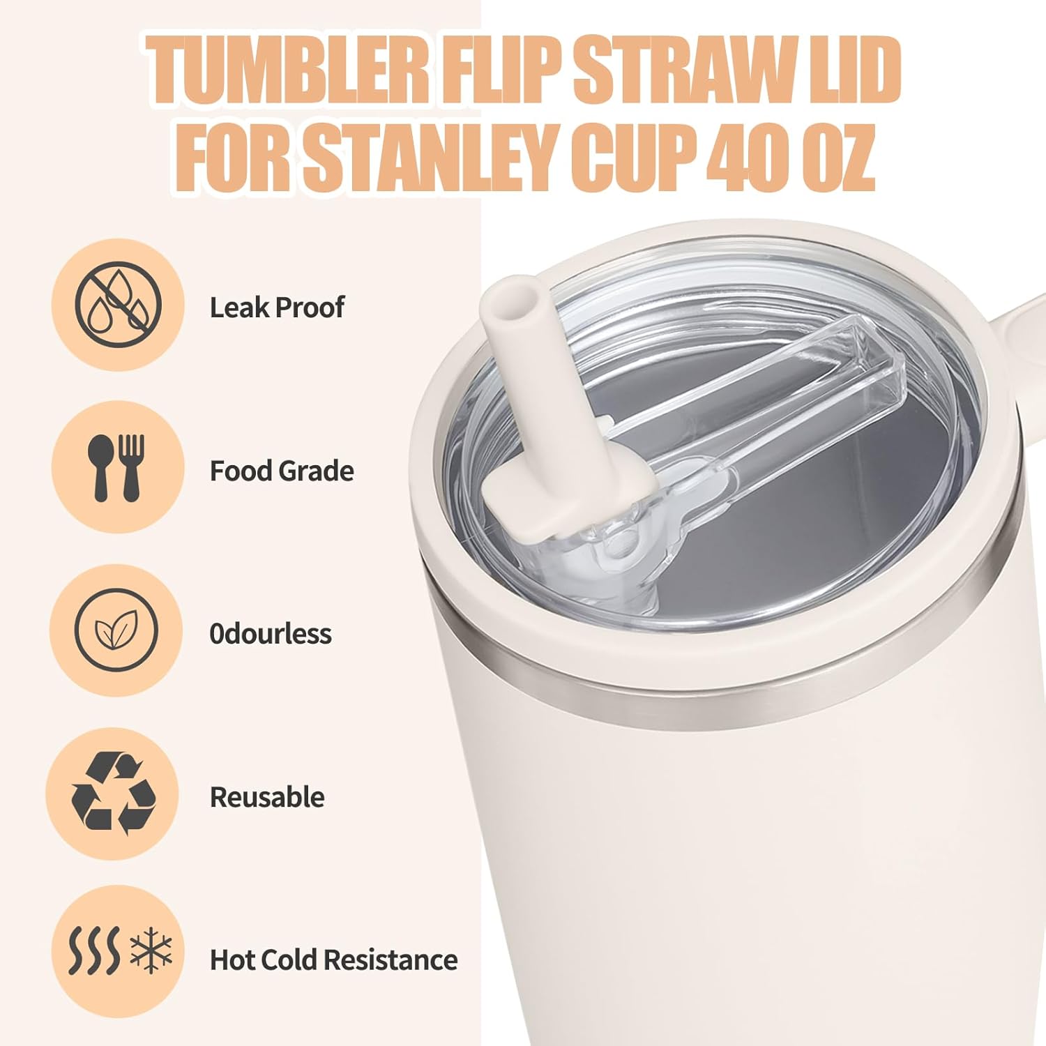 Stanley Quencher 40 oz Tumbler Lid Replacement - Leak Proof Flip Straw Cover | Cream White (2 Pack)