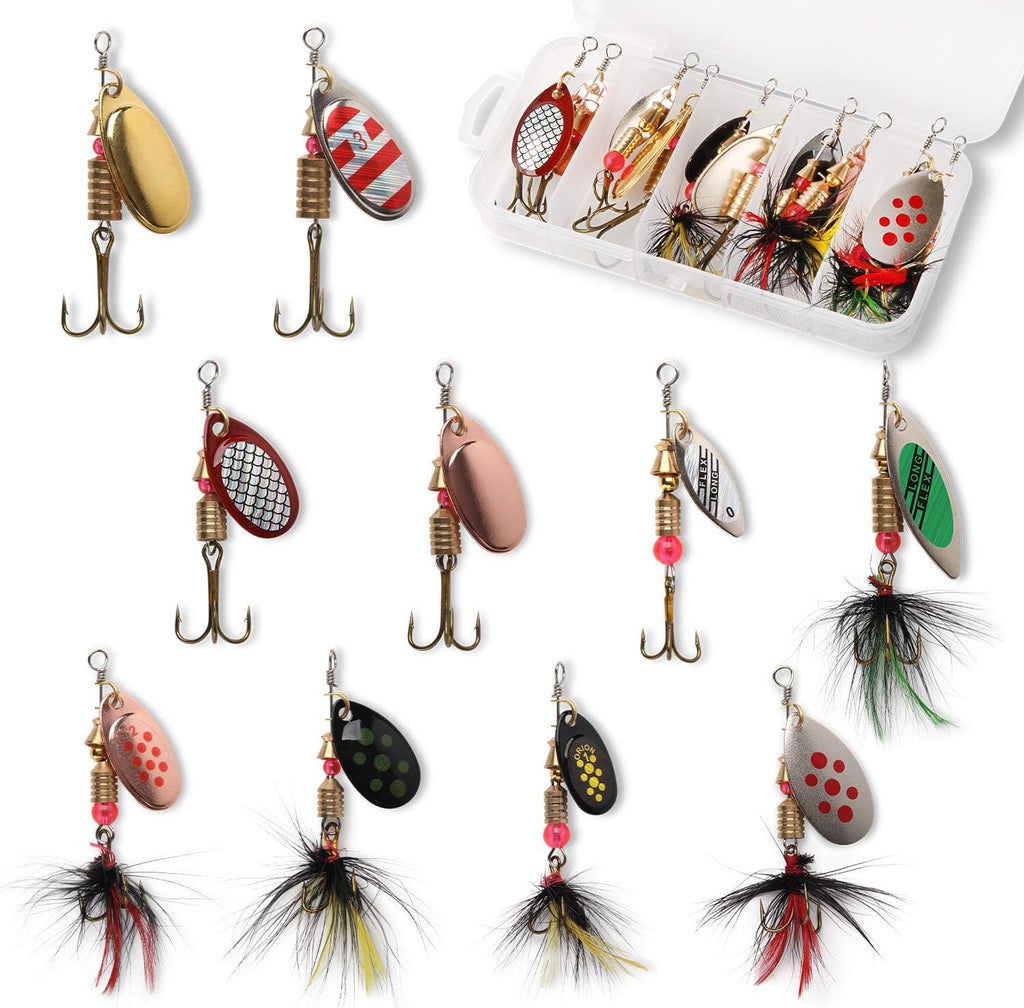 Skiennix Fishing Lure Spinnerbait Kit - 10pcs Hard Metal Baits for Bass, Trout & Salmon with Tackle Box