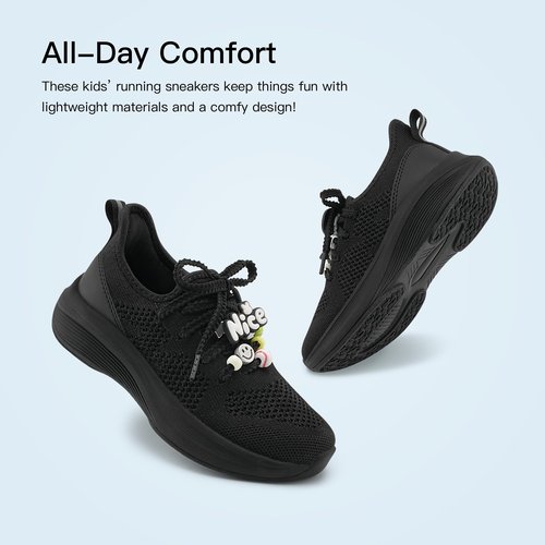 Stelle Girls Sneakers Kids Tennis Running Walking Shoes Slip-On Athletic Non Slip Lightweight Breathable Sport Shoes for Little/Big Kid(Black,3ML)