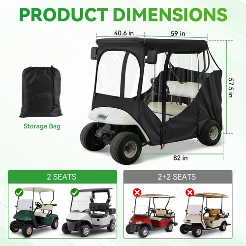 Panglong 2 Passengers EZGO Enclosure-600D, Multifunctional Polyester Rain Cover with Openable Front Windshield, 2 Door Zippers, 4 Side Clear Window and Windproof Hooks, Fit EZGO TXT RXV Cart