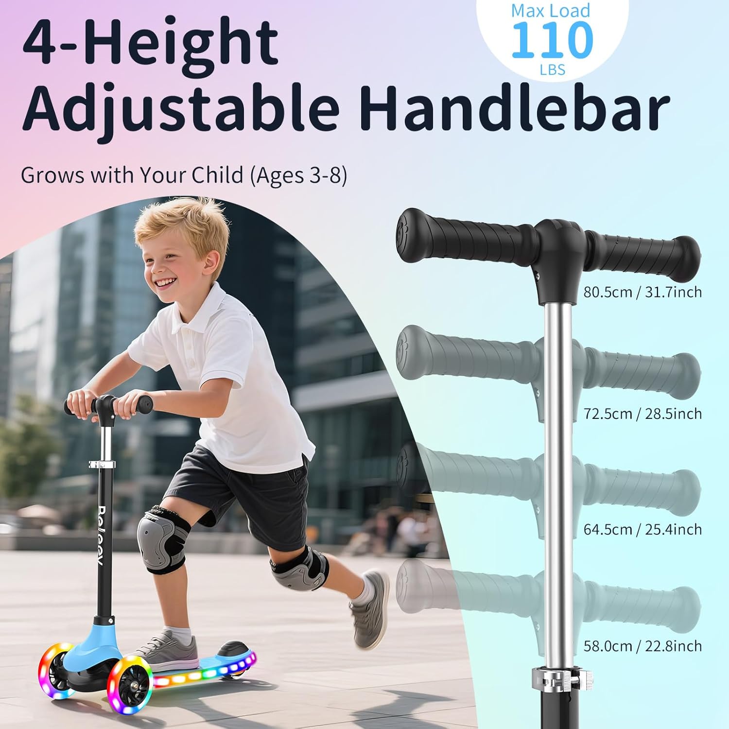 BELEEV A6 Kids Scooter - LED Light-Up Wheels & Deck | Adjustable 3-Wheel Kick Scooter for Ages 3-8