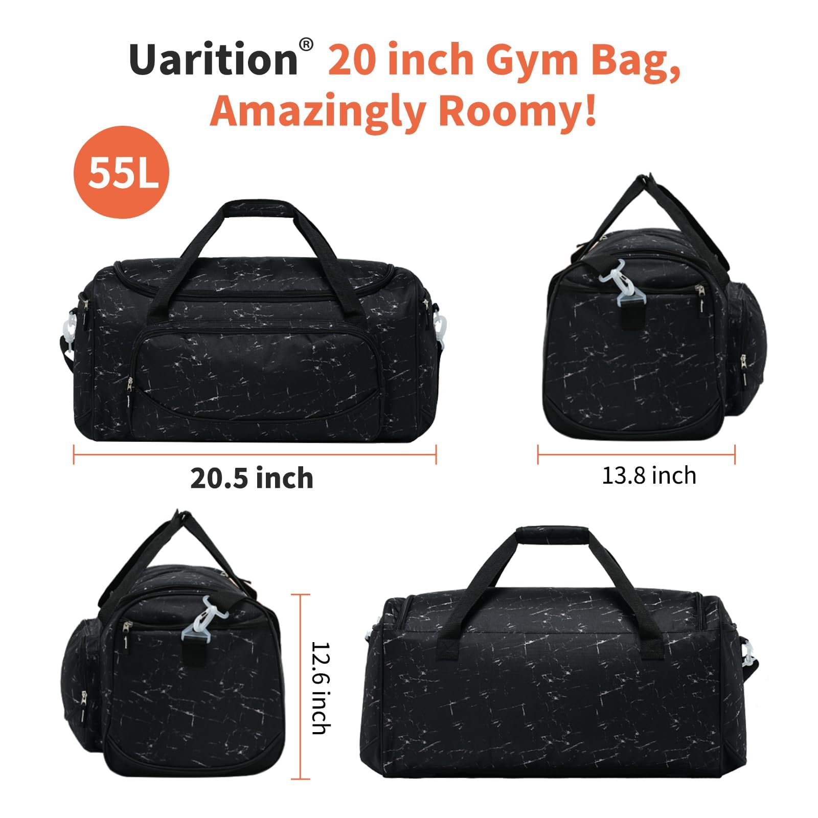 Uarition Men's Large Duffle Bag, 55L Heavy Duty Gym Bag for Sports, Workout, and Travel - Durable Duffel Gear Bag in Marble Black