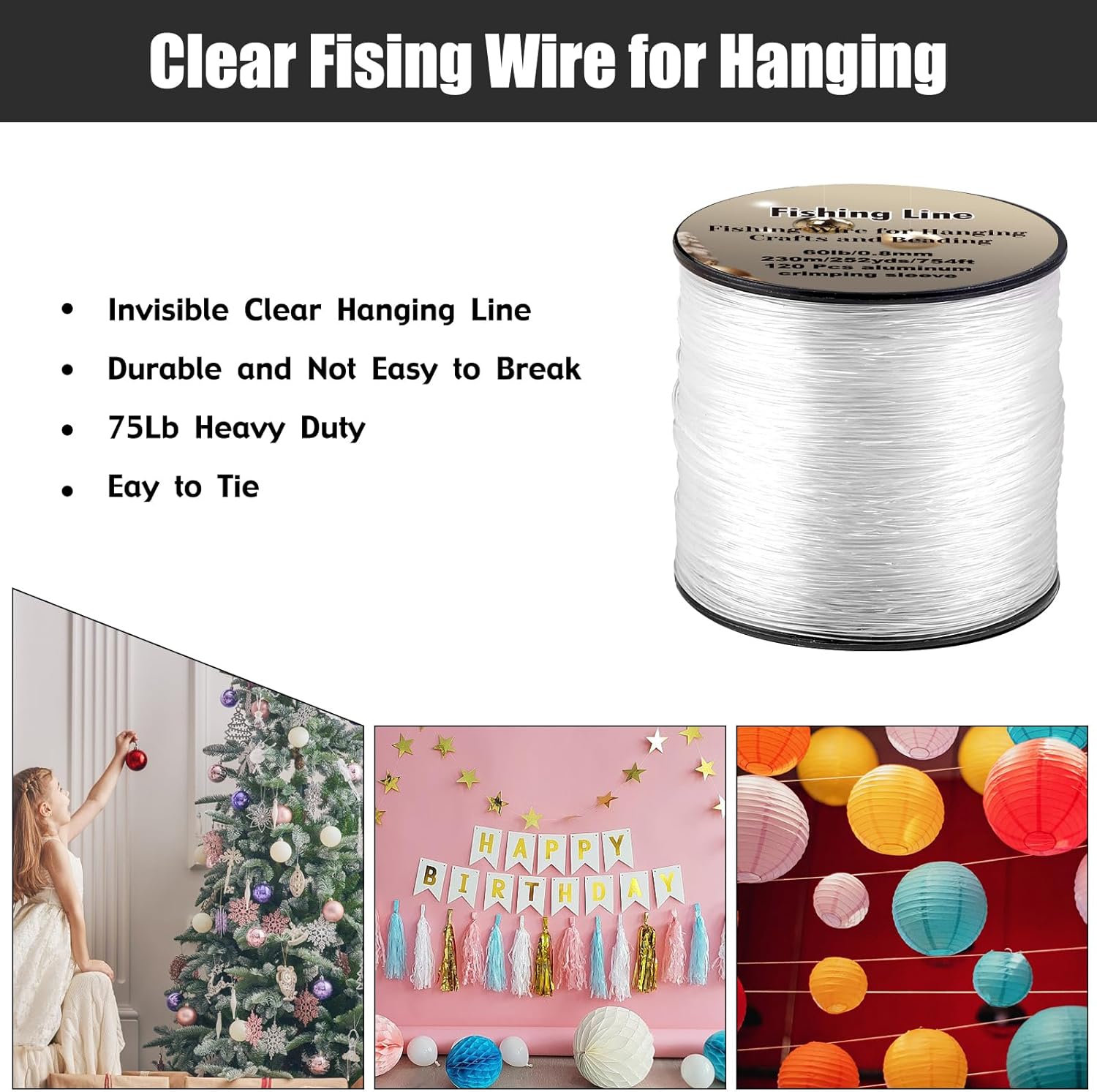 Skiennix Strong Clear Invisible Hanging Wire - 0.8mm 75 Lb, 754 FT Nylon Fishing Line with 120 Pcs Aluminum Crimping Sleeves for Crafts and Decorations
