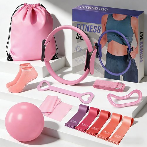 SUOOCH Pilates Ring Set for Women, Pilates Equipment Set, Pilates Kit for Home Workouts with Resistance Bands, 12'' Magic Circle, Mini Ball, Toning and Flexibility, Non-Slip Socks, 13 Pack, Pink