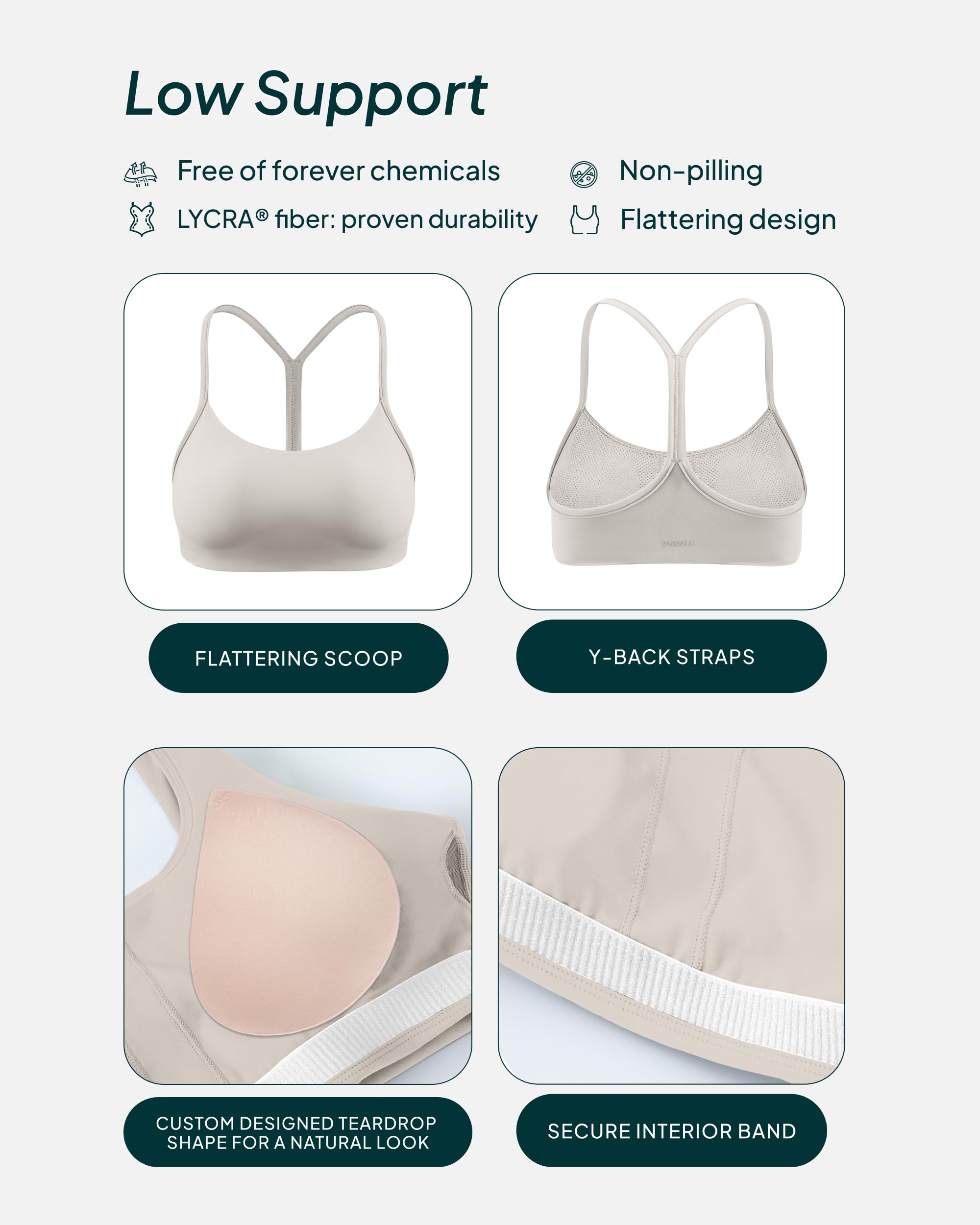 PAVOI ACTIVE Yoga Racerback Bras for Women - Buttery Soft Low Support Scoop Neck Y-Back Thin Strap Sports Bra - FlexFlow - Small, Moon, A-C Cups
