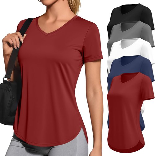 Locoowai Women's V-Neck Workout Shirts - Quick Dry, UPF 50+ UV Protection, 5 Pack | Short Sleeve, Side Slits