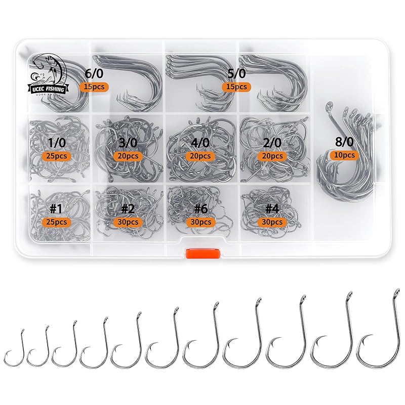 UCEC Circle Hooks Saltwater Fishing Hooks - 240 Pcs Assortment 11 Sizes #6 to 8/0 for Catfish & Octopus