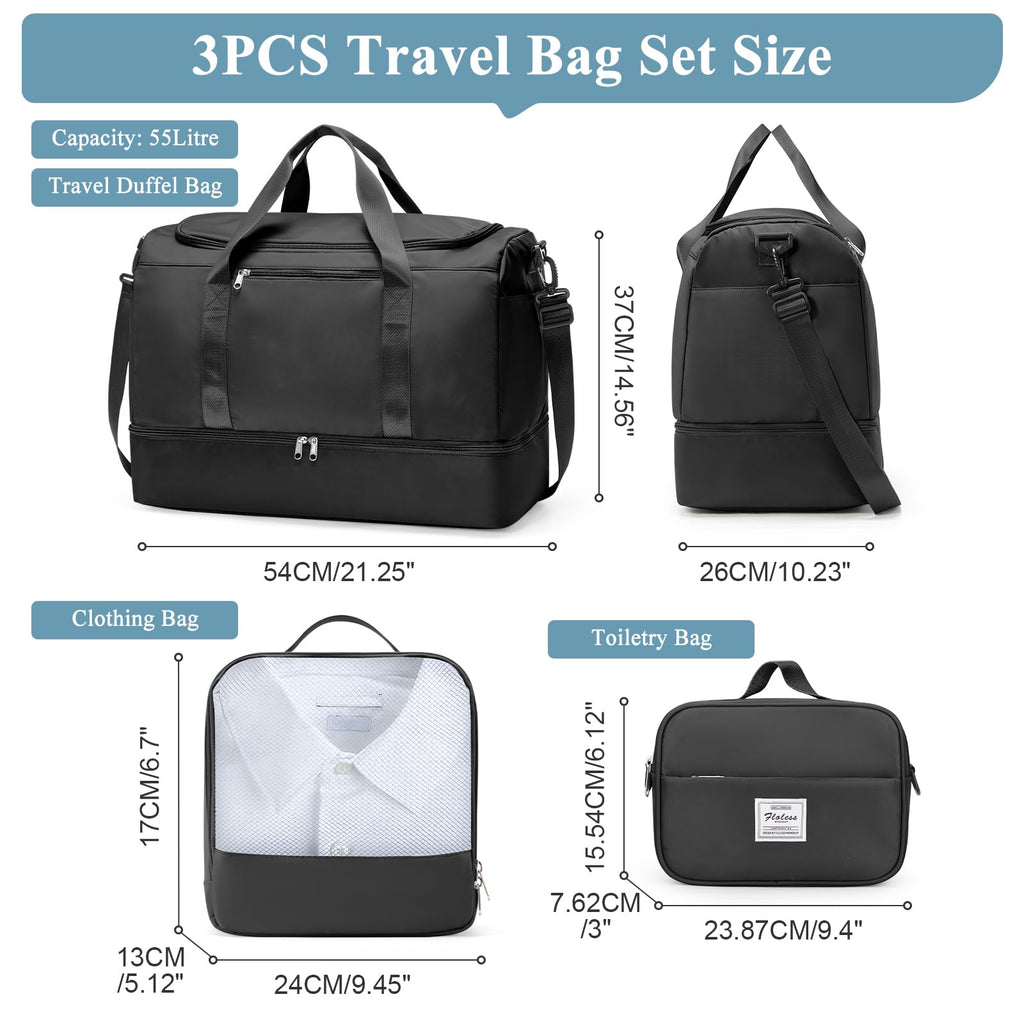 Extra Large Travel Duffle Bag,Carry on Overnight Weekend Bag with Shoes Compartment,Weekender Bags for Women for Travel Business Trips Sport Hospital,3 Pcs Set,Black