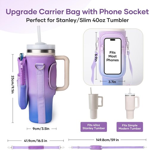 Linmaya Water Bottle Carrier Bag - Neoprene Cross-Body Bag with Phone Holder for Stanley Cup 40/30oz