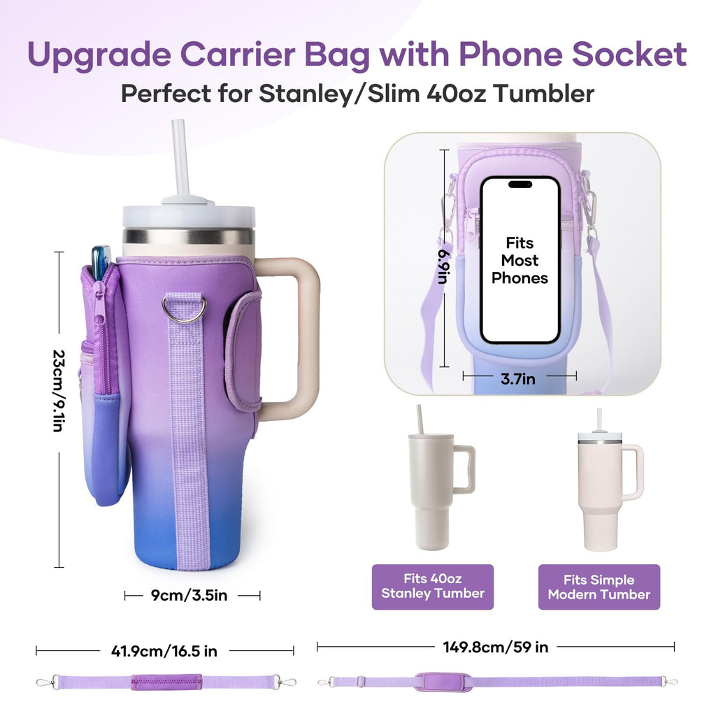linmaya Water Bottle Carrier Bag for Stanley Cup 40/30oz with Phone Holder Pockets,Neoprene Water Bottle Cross-body Bag with Adjustable Shoulder & Hand Strap Stanley Cup Accessories