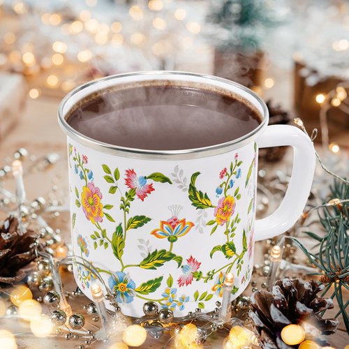 Jucoan Enamel Camping Mug Set of 4, 16 oz Vintage Enamel Metal Coffee Mug with Lid and Handle for Home Office Kitchen Outdoor Camping, Lightweight & Unbreakable Camp Coffee Tea Drinking Cup