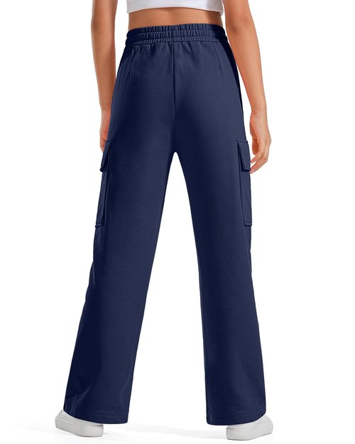 BOOPH Girls Sweatpants Kids Drawstring Cargo Pants Teen Girls Wide Leg Baggy Joggers Pants with Pockets 12-13 Years Navy