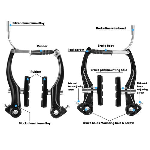 2 Pairs Bike brakes, Universal Complete V Bike Brakes set, Mountain Bike Replacement for Most Bicycle,Road Bike Brakes Cables with Front Back Wheels End Caps,End Ferrules -Black