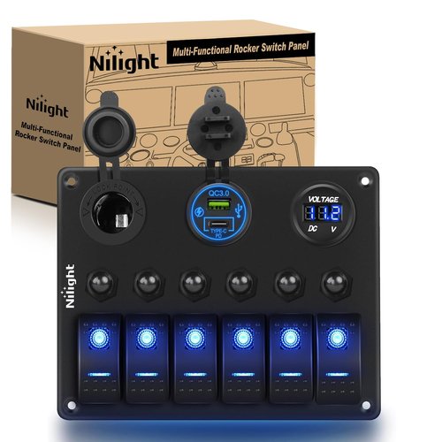Nilight 6 Gang Rocker Switch Panel - Waterproof Pre-Wired Aluminum with USB & Voltmeter for 12V/24V Vehicles
