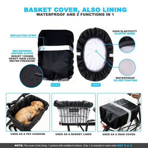 MATTISAM Waterproof Bike Basket Rain Cover and Bungee Cargo Net - Elastic Bicycle Basket Liner with Reflective Strip, Fits Most Bikes (Black, Medium-60L)