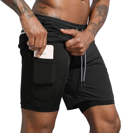 Leidowei Men's 2-in-1 Workout Running Shorts - Lightweight Training & Yoga Gym Shorts with Zipper Pockets | 7" Length