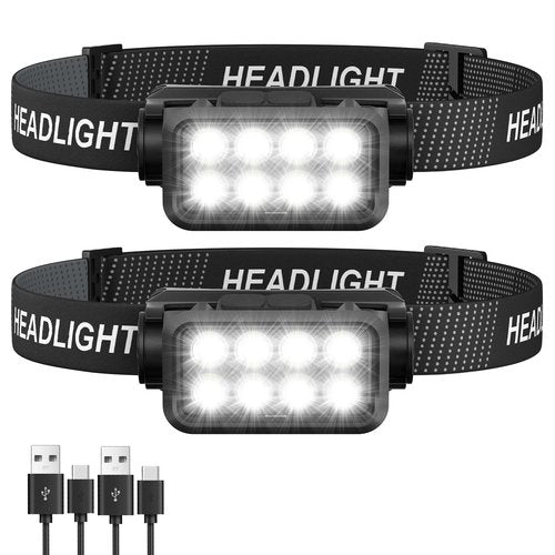 Sogdeco Rechargeable Headlamp Flashlight 2-Pack, 8 LED 2500 Lumen Ultra-Light Bright Headlight, Waterproof Lightweight Head Lamp for Adult Kid, Headlamps for Outdoor Camping Running Fishing