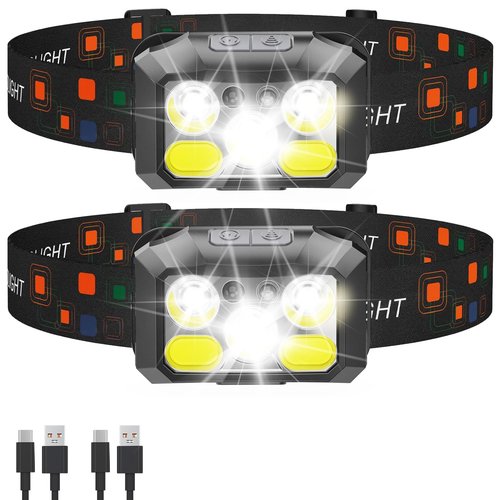 Rechargeable LED Headlamp 2-Pack, 800 Lumens, USB-C, IPX4 Waterproof, 8 Modes, Red & White Light — Lightweight, Adjustable, Hard Hat Clips Included; for Camping, Hiking, Running, Fishing & Repairs