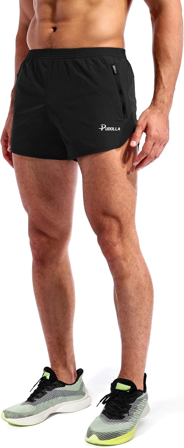 Pudolla Men's Running Shorts - Quick Dry Athletic Workout Shorts with Zipper Pockets | 3 Inch