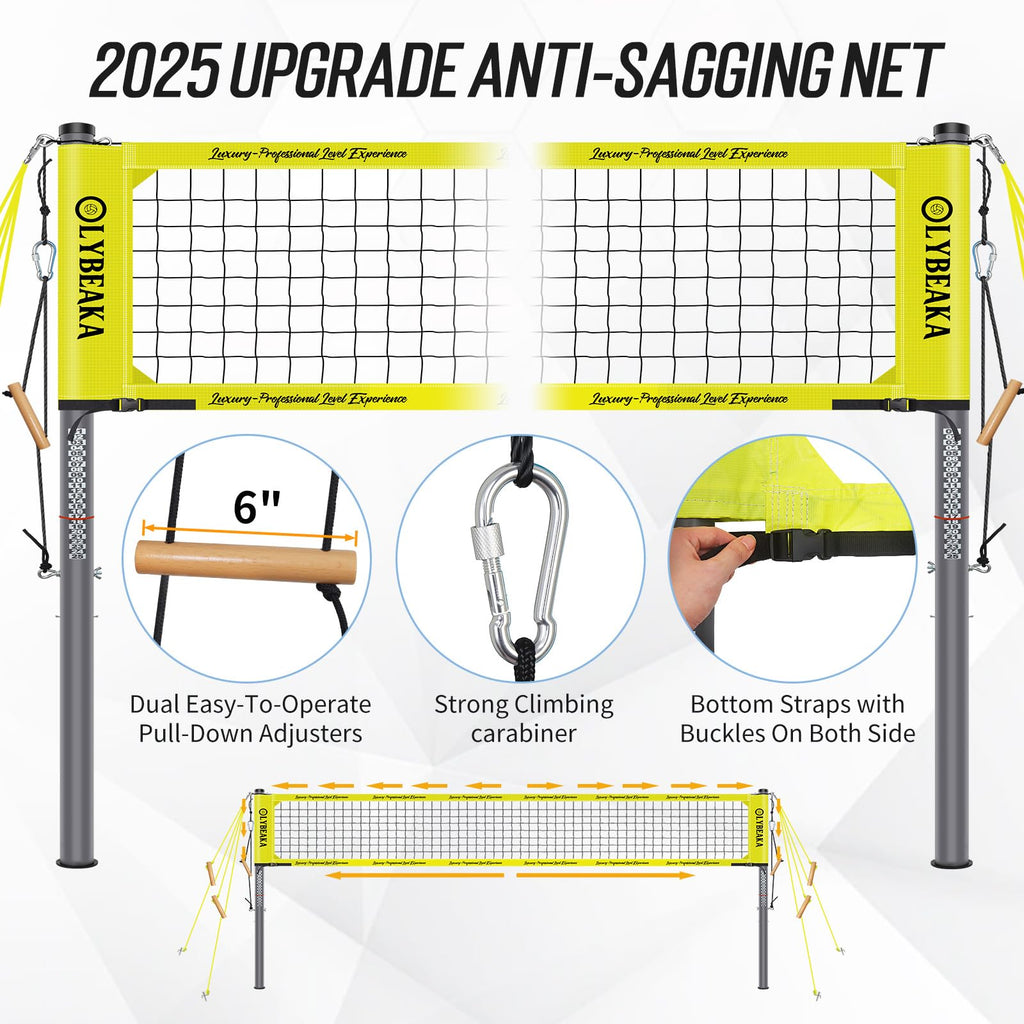 Outdoor Professional Volleyball Net Set with Heavy Duty 2" Adjustable Aluminum Poles, Tetoron Net, Portable 1800D Carry Bag - Super Stable & Anti-Sag with 2 Tension Adjusters for Backyard Beach Grass